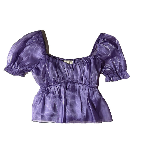 Thirty Thirty Women Purple Sheer Off Shoulder Puff Sleeve Fairycore Crop Top SM - Picture 1 of 6